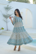 Juniper Sky Blue Ethnic Motif Printed Cotton Long Dress With Doris & Tassels - Distacart