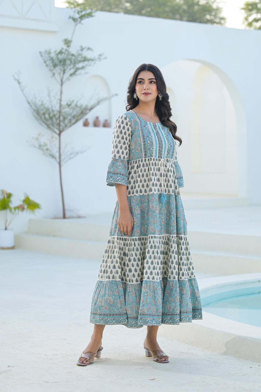 Juniper Sky Blue Ethnic Motif Printed Cotton Long Dress With Doris & Tassels - Distacart