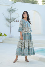 Juniper Sky Blue Ethnic Motif Printed Cotton Long Dress With Doris & Tassels - Distacart