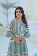 Juniper Women's Sky Blue Ethnic Motif Printed Cotton Long Dress With Doris & Tassels - Distacart