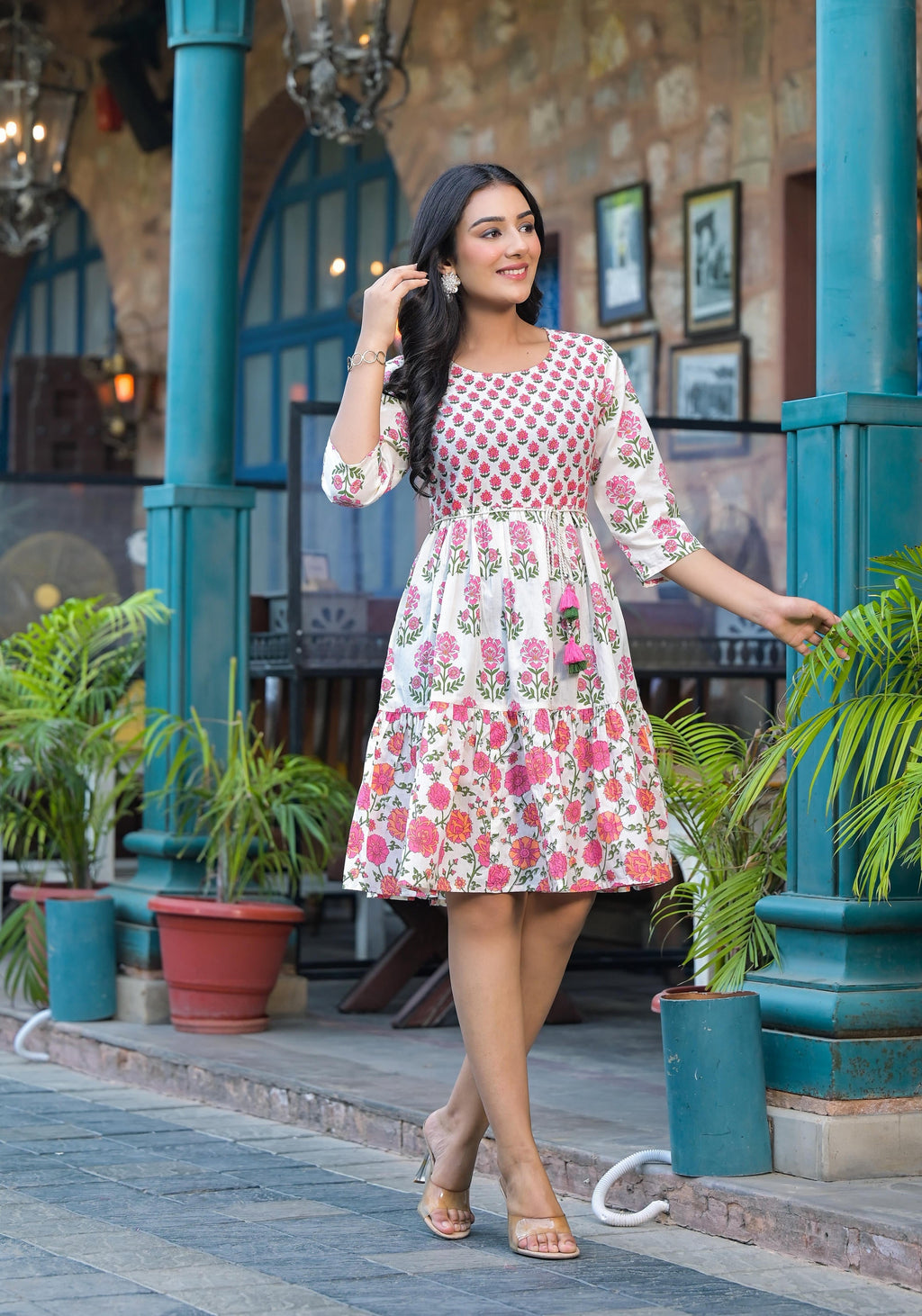 Juniper Off Lime Floral Printed Cotton Short Dress With Doris - Distacart
