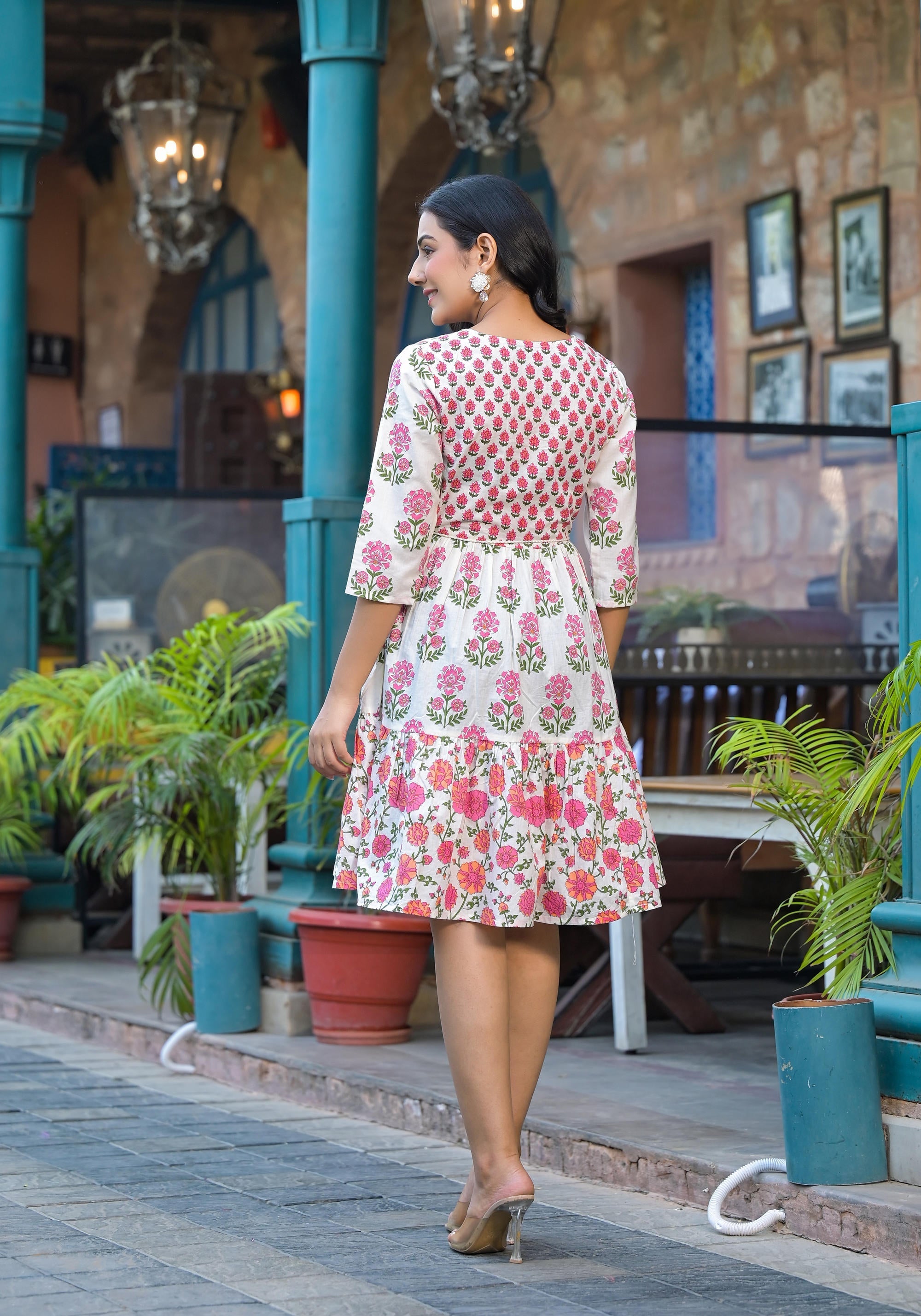 Juniper Off Lime Floral Printed Cotton Short Dress With Doris - Distacart