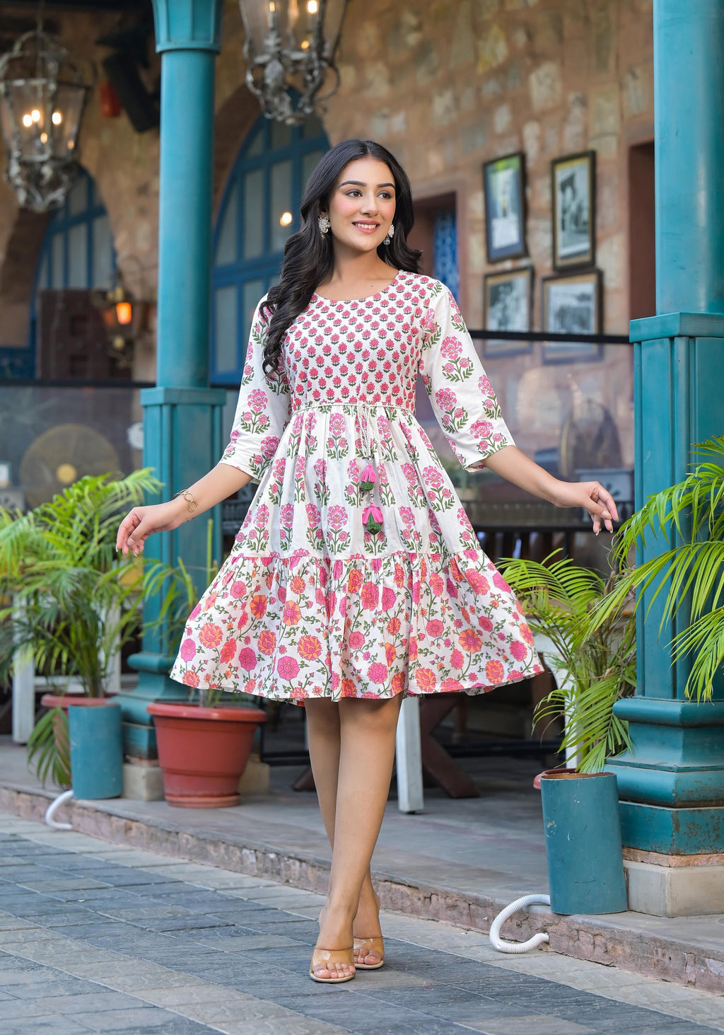 Juniper Off Lime Floral Printed Cotton Short Dress With Doris - Distacart
