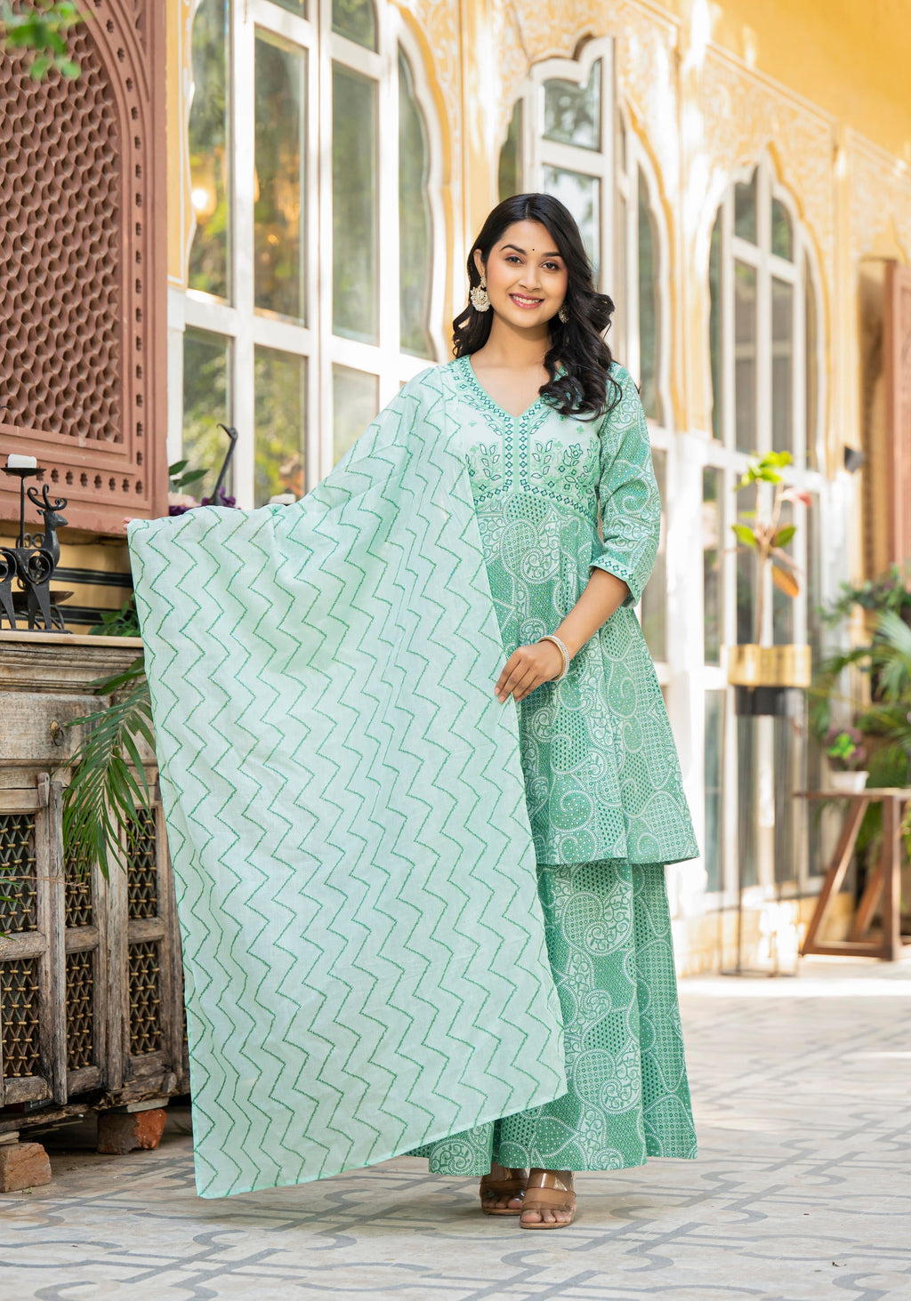 Juniper Green Ethnic Motif Printed Viscose Kurta Palazzo And Dupatta Set With Thread Work & Sequins