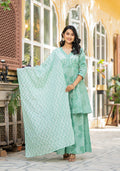 Juniper Green Ethnic Motif Printed Viscose Kurta Palazzo And Dupatta Set With Thread Work & Sequins