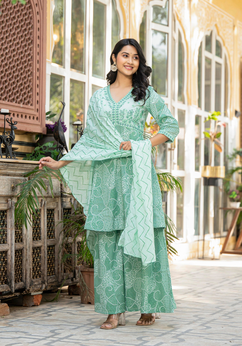 Juniper Green Ethnic Motif Printed Viscose Kurta Palazzo And Dupatta Set With Thread Work & Sequins