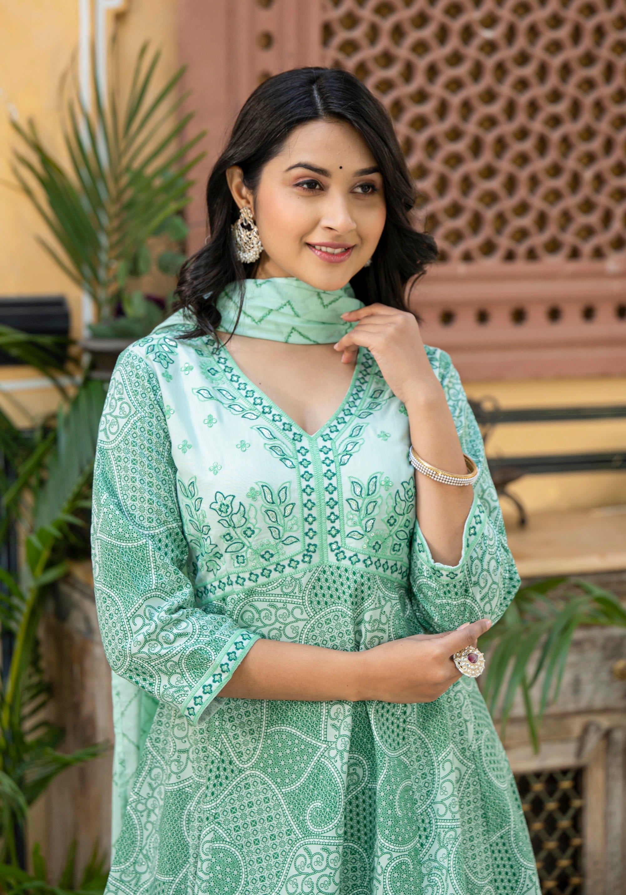 Juniper Green Ethnic Motif Printed Viscose Kurta Palazzo And Dupatta Set With Thread Work & Sequins
