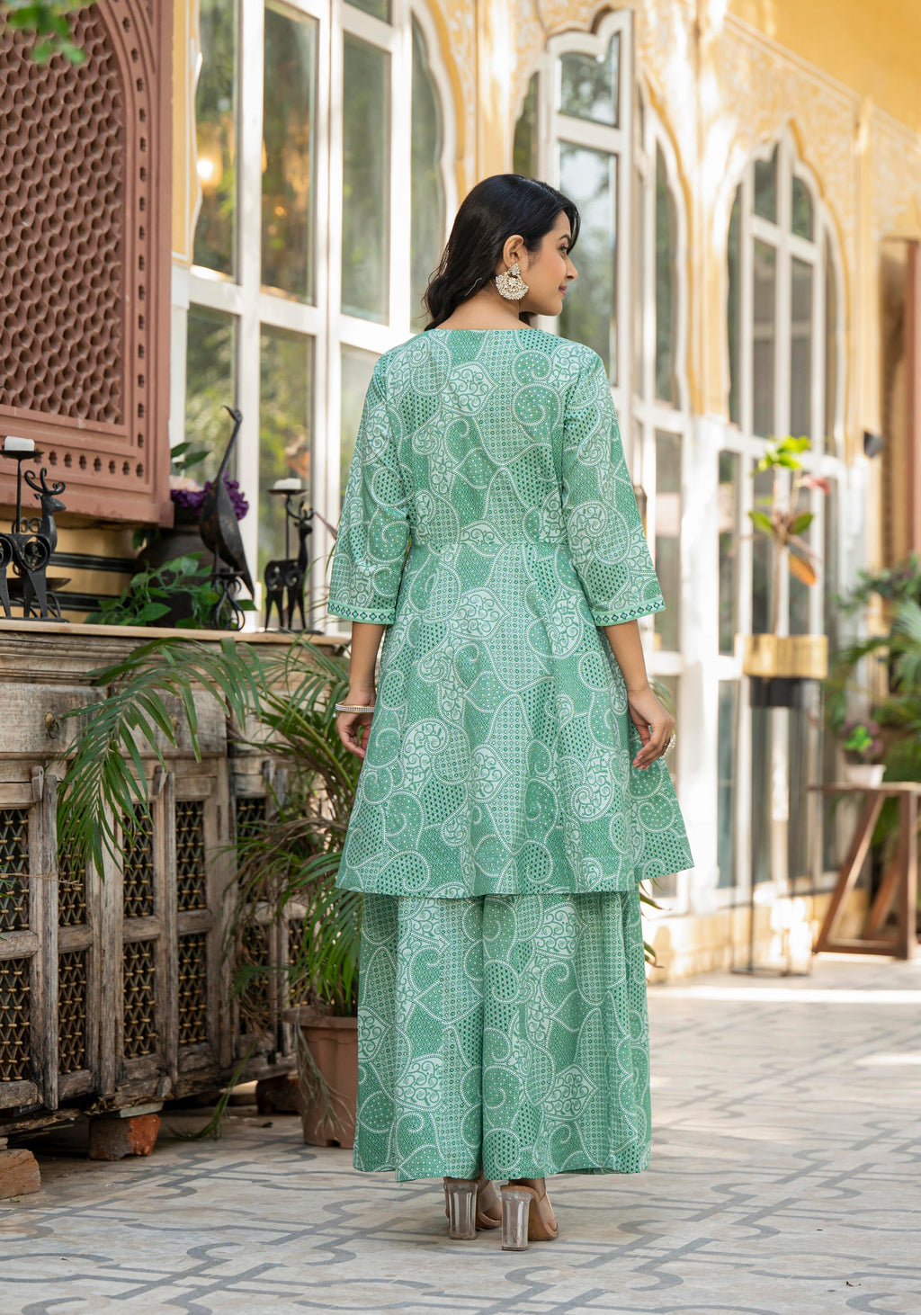 Juniper Green Ethnic Motif Printed Viscose Kurta Palazzo And Dupatta Set With Thread Work & Sequins