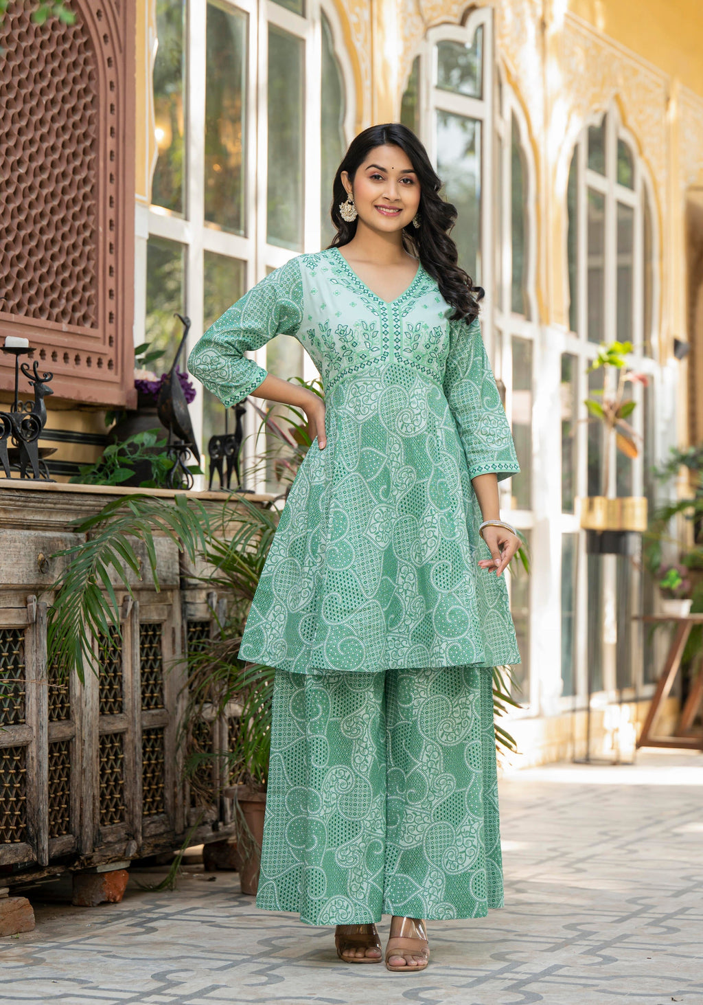 Juniper Green Ethnic Motif Printed Viscose Kurta Palazzo And Dupatta Set With Thread Work & Sequins