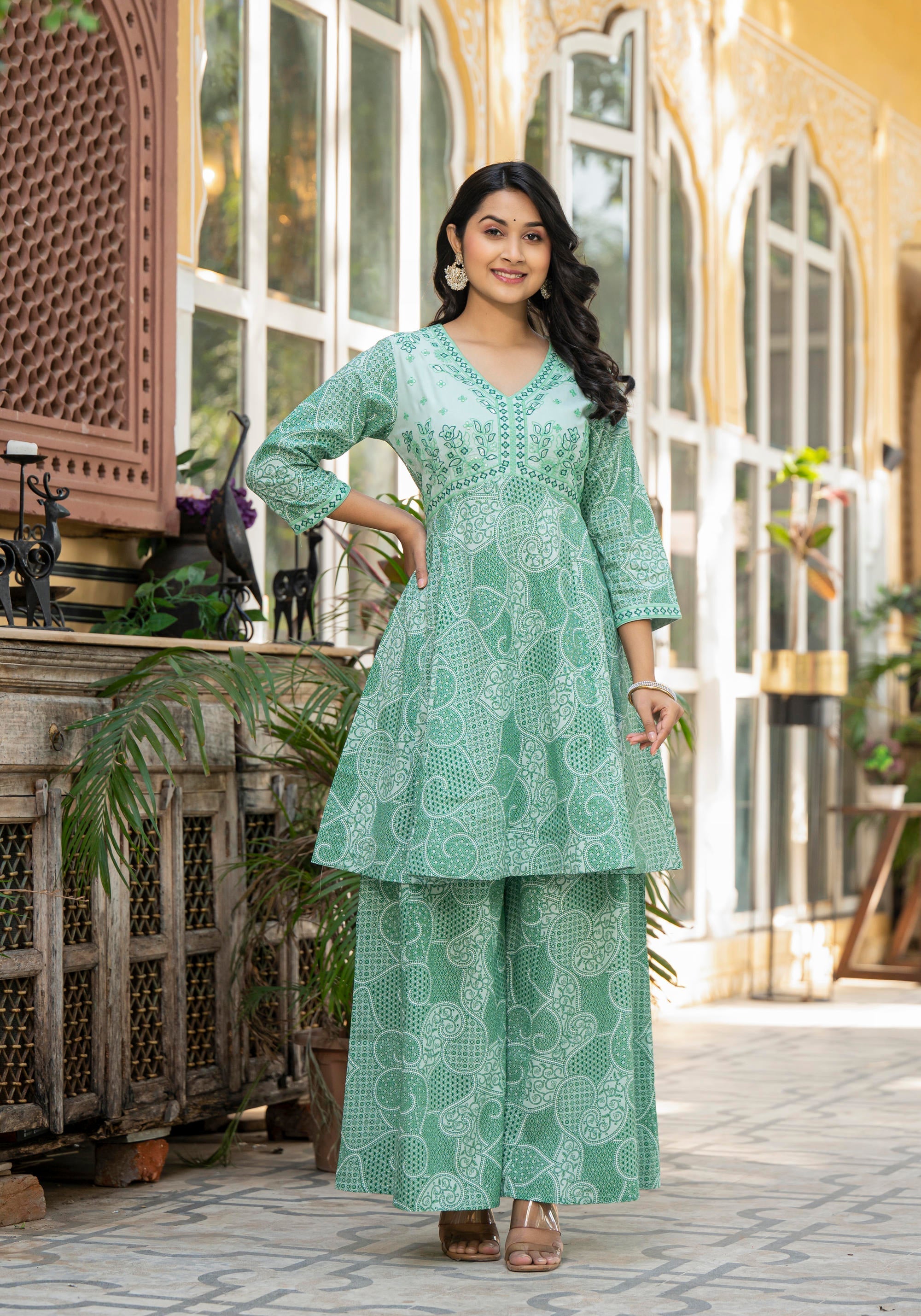 Juniper Green Ethnic Motif Printed Viscose Kurta Palazzo And Dupatta Set With Thread Work & Sequins