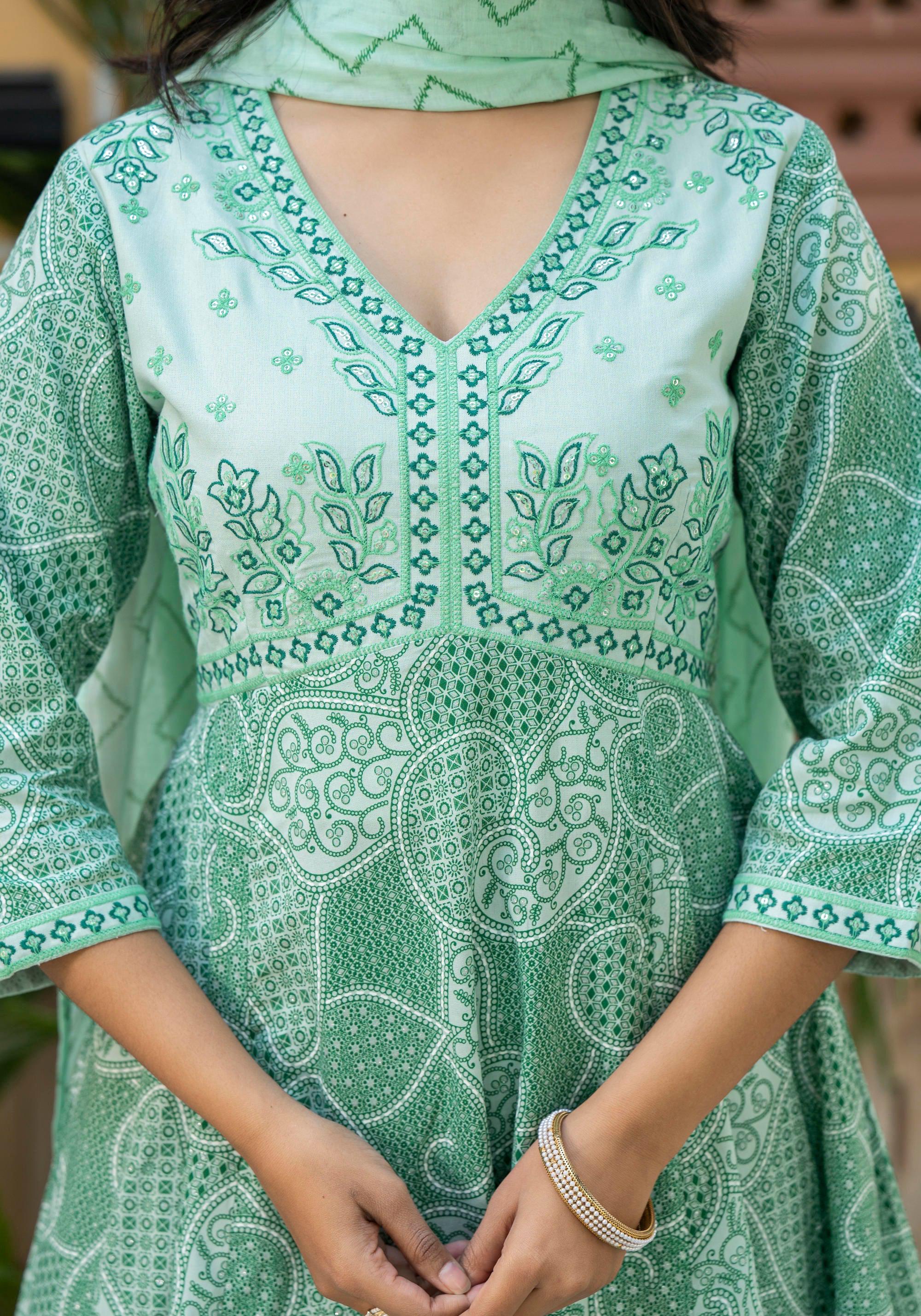 Juniper Green Ethnic Motif Printed Viscose Kurta Palazzo And Dupatta Set With Thread Work & Sequins
