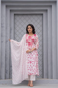 Juniper White & Pink Floral Printed Cotton Kurta Set With Thread & Mirror Work - Distacart