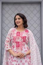 Juniper White & Pink Floral Printed Cotton Kurta Set With Thread & Mirror Work - Distacart