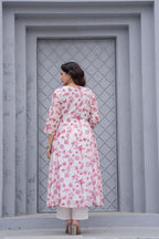 Juniper White & Pink Floral Printed Cotton Kurta Set With Thread & Mirror Work - Distacart