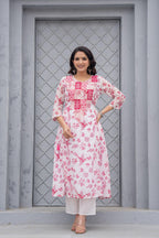 Juniper White & Pink Floral Printed Cotton Kurta Set With Thread & Mirror Work - Distacart