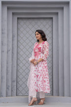 Juniper White & Pink Floral Printed Cotton Kurta Set With Thread & Mirror Work - Distacart