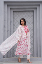 Juniper White & Pink Floral Printed Cotton Kurta Set With Thread & Mirror Work - Distacart