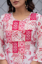 Juniper White & Pink Floral Printed Cotton Kurta Set With Thread & Mirror Work - Distacart