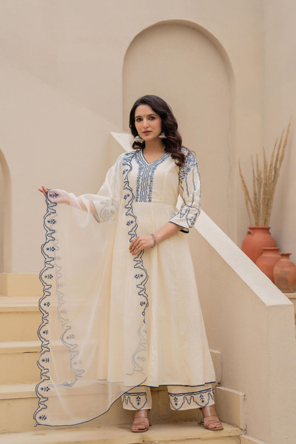 Juniper Off-White Anarkali Kurta Set With Blue Embroidery And Organza Dupatta - Distacart