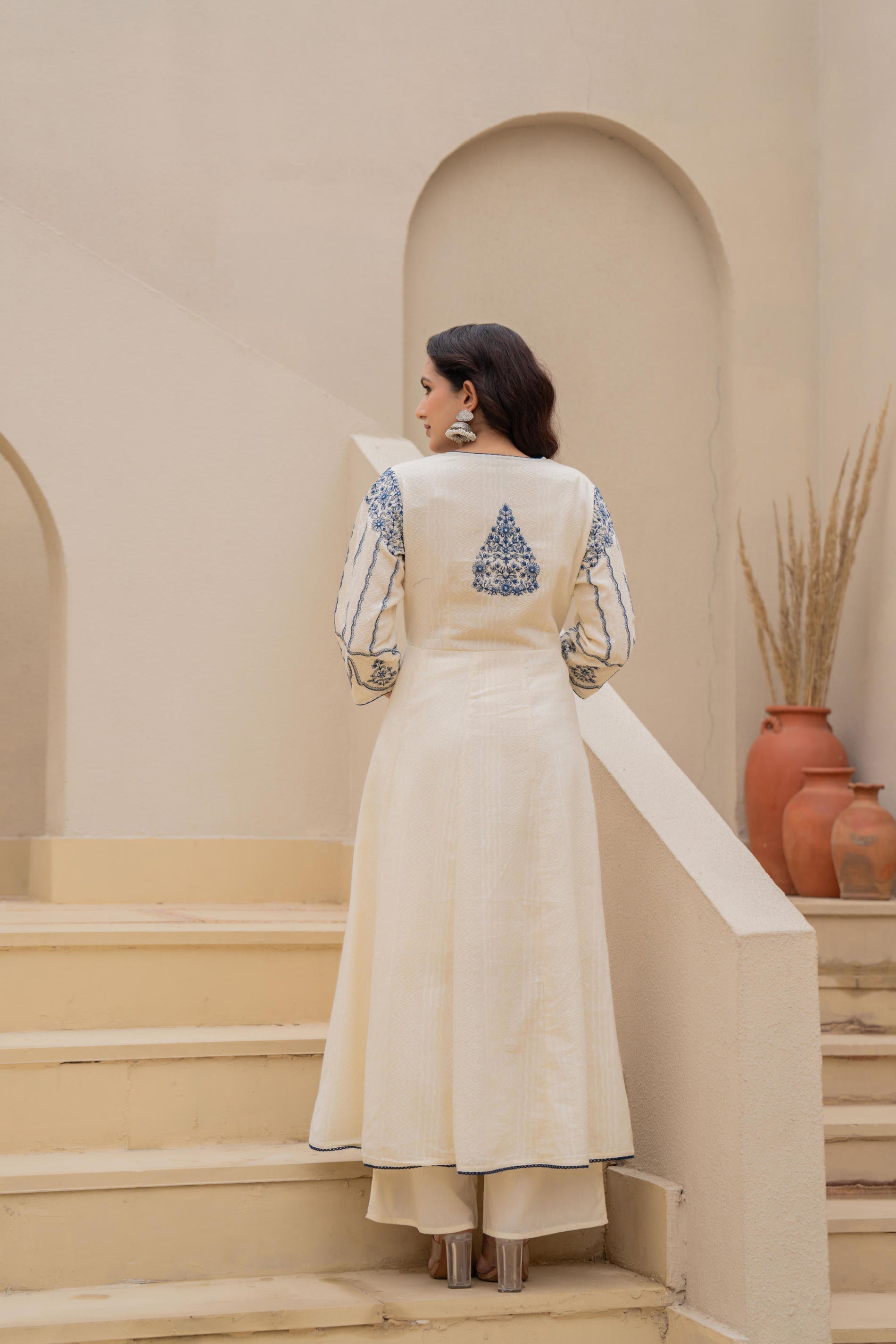 Juniper Off-White Anarkali Kurta Set With Blue Embroidery And Organza Dupatta - Distacart