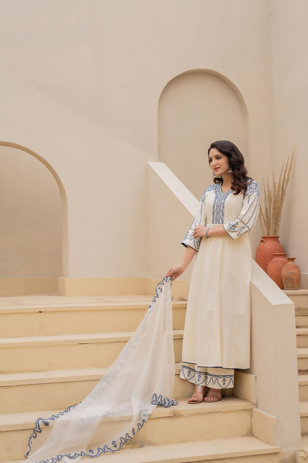Juniper Off-White Anarkali Kurta Set With Blue Embroidery And Organza Dupatta - Distacart