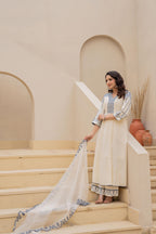 Juniper Off-White Anarkali Kurta Set With Blue Embroidery And Organza Dupatta - Distacart