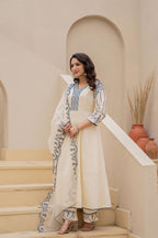 Juniper Off-White Anarkali Kurta Set With Blue Embroidery And Organza Dupatta - Distacart