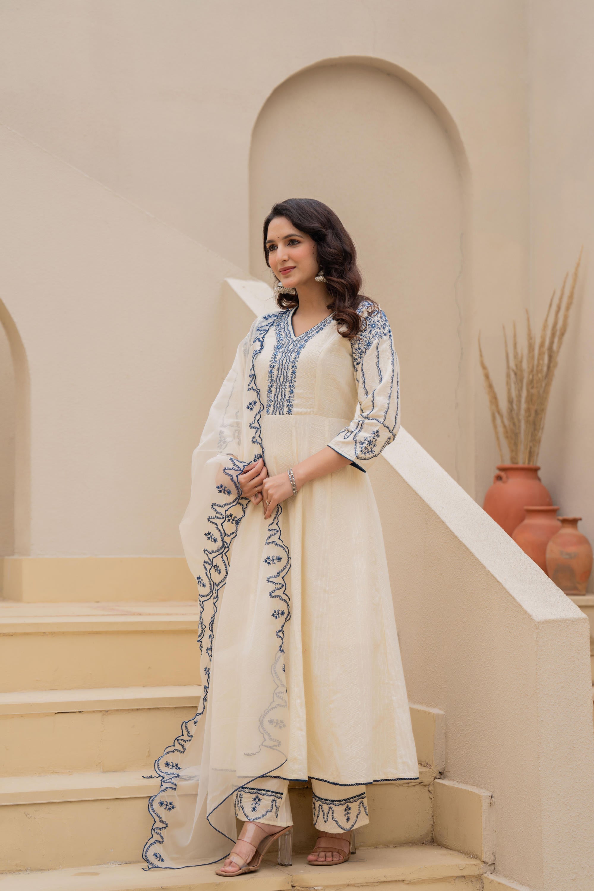 Juniper Off-White Anarkali Kurta Set With Blue Embroidery And Organza Dupatta - Distacart
