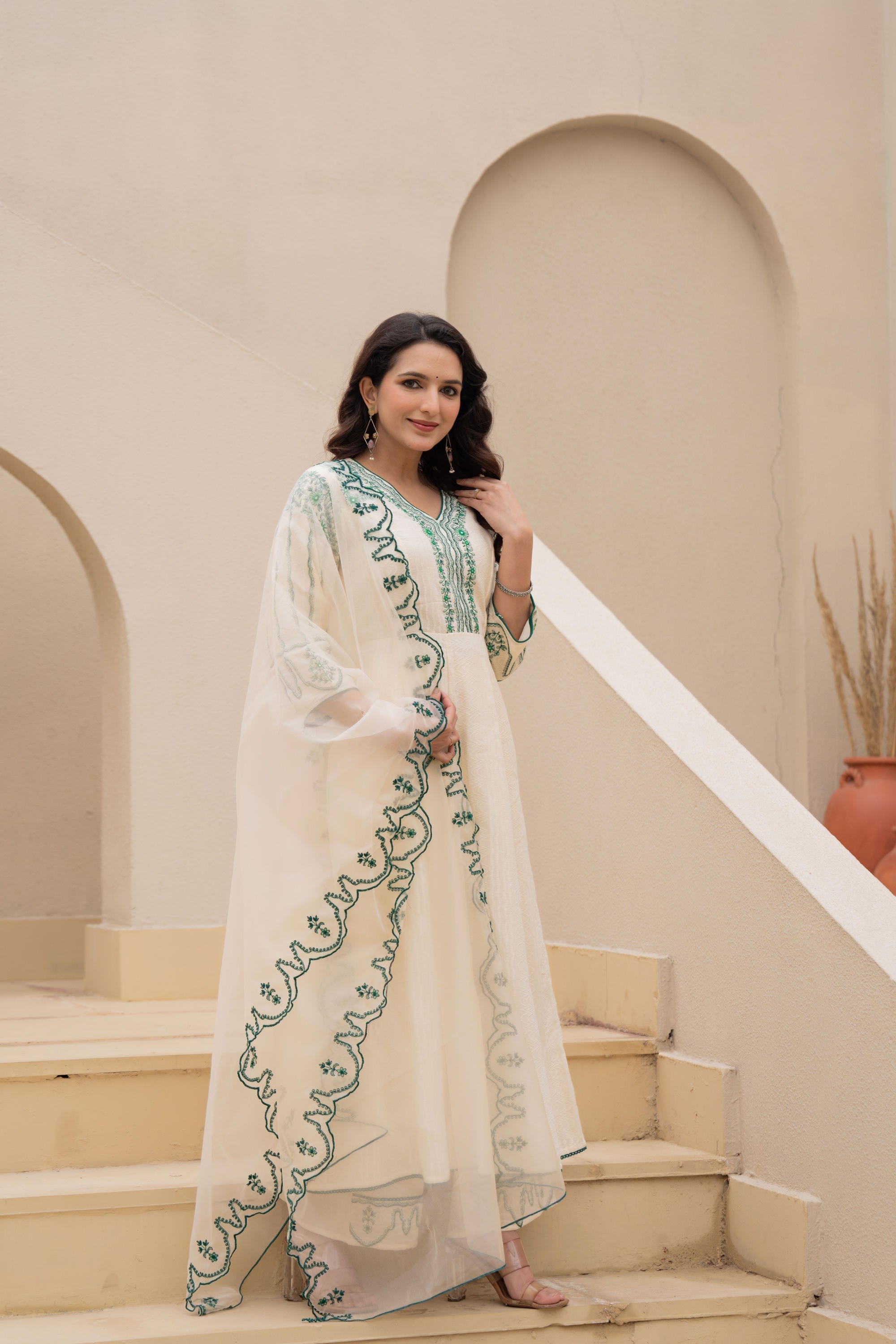 Juniper Off-White Anarkali Kurta Set With Green Embroidery And Organza Dupatta - Distacart