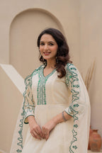 Juniper Off-White Anarkali Kurta Set With Green Embroidery And Organza Dupatta - Distacart