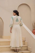 Juniper Off-White Anarkali Kurta Set With Green Embroidery And Organza Dupatta - Distacart