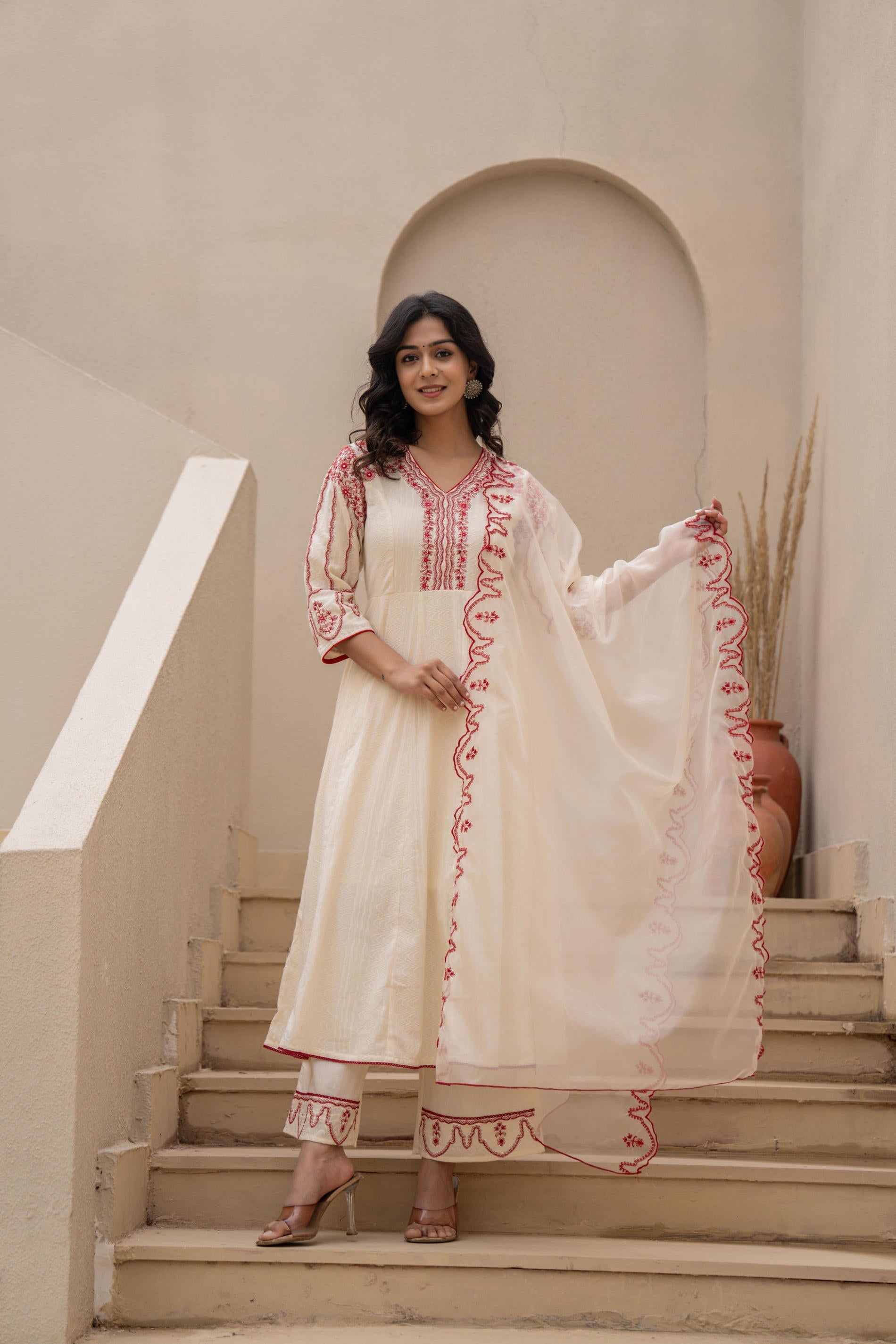 Juniper Off-White Anarkali Kurta Set With Red Embroidery And Organza Dupatta - Distacart