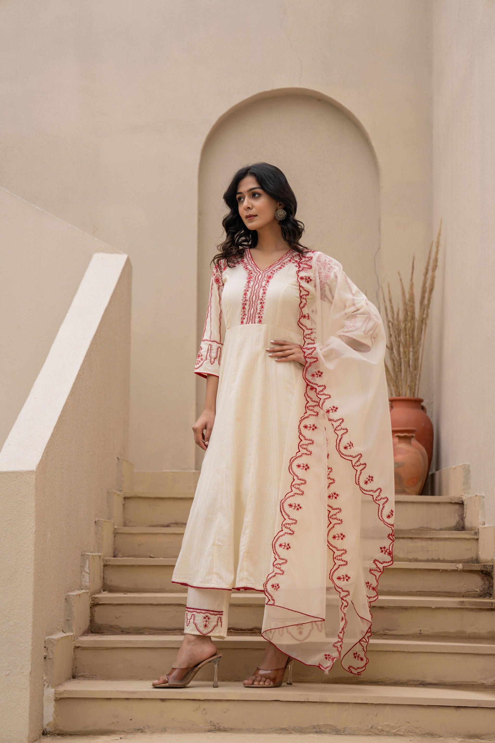 Juniper Off-White Anarkali Kurta Set With Red Embroidery And Organza Dupatta - Distacart