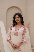 Juniper Off-White Anarkali Kurta Set With Red Embroidery And Organza Dupatta - Distacart