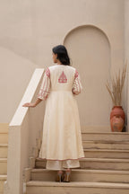 Juniper Off-White Anarkali Kurta Set With Red Embroidery And Organza Dupatta - Distacart