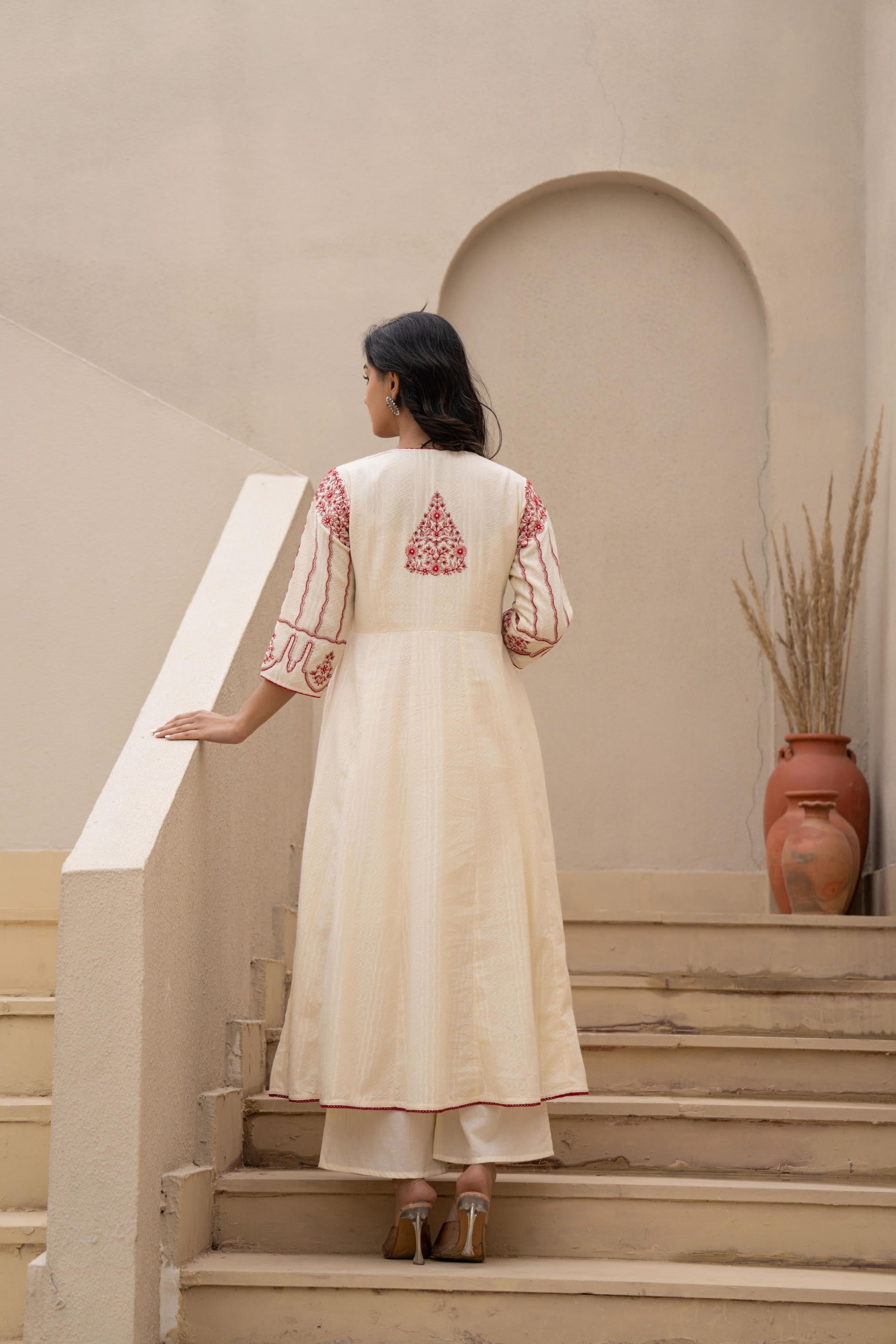 Juniper Off-White Anarkali Kurta Set With Red Embroidery And Organza Dupatta - Distacart