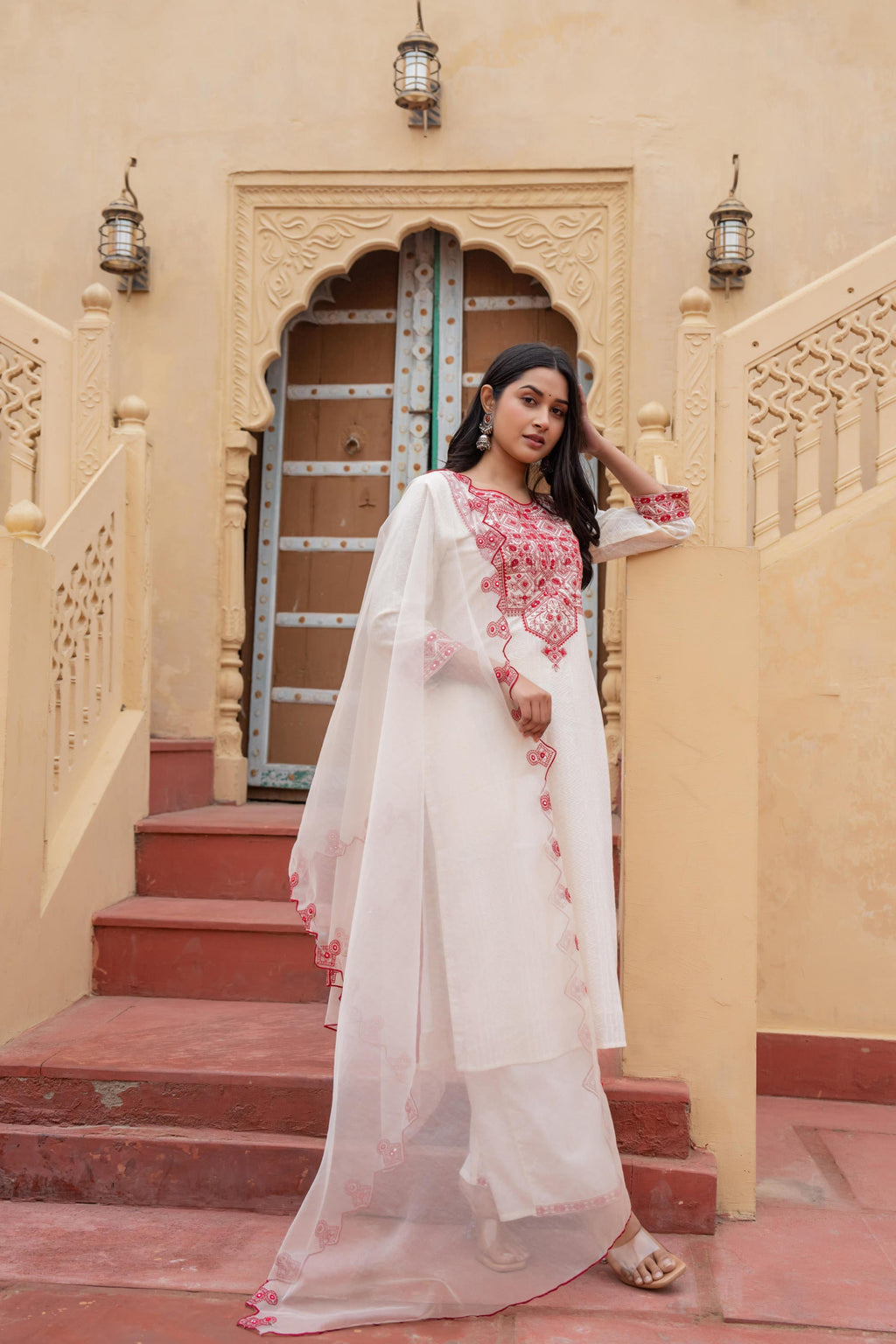 Juniper Off White & Red Solid Cotton Kurta & Pant Set With Dupatta - Distacart
