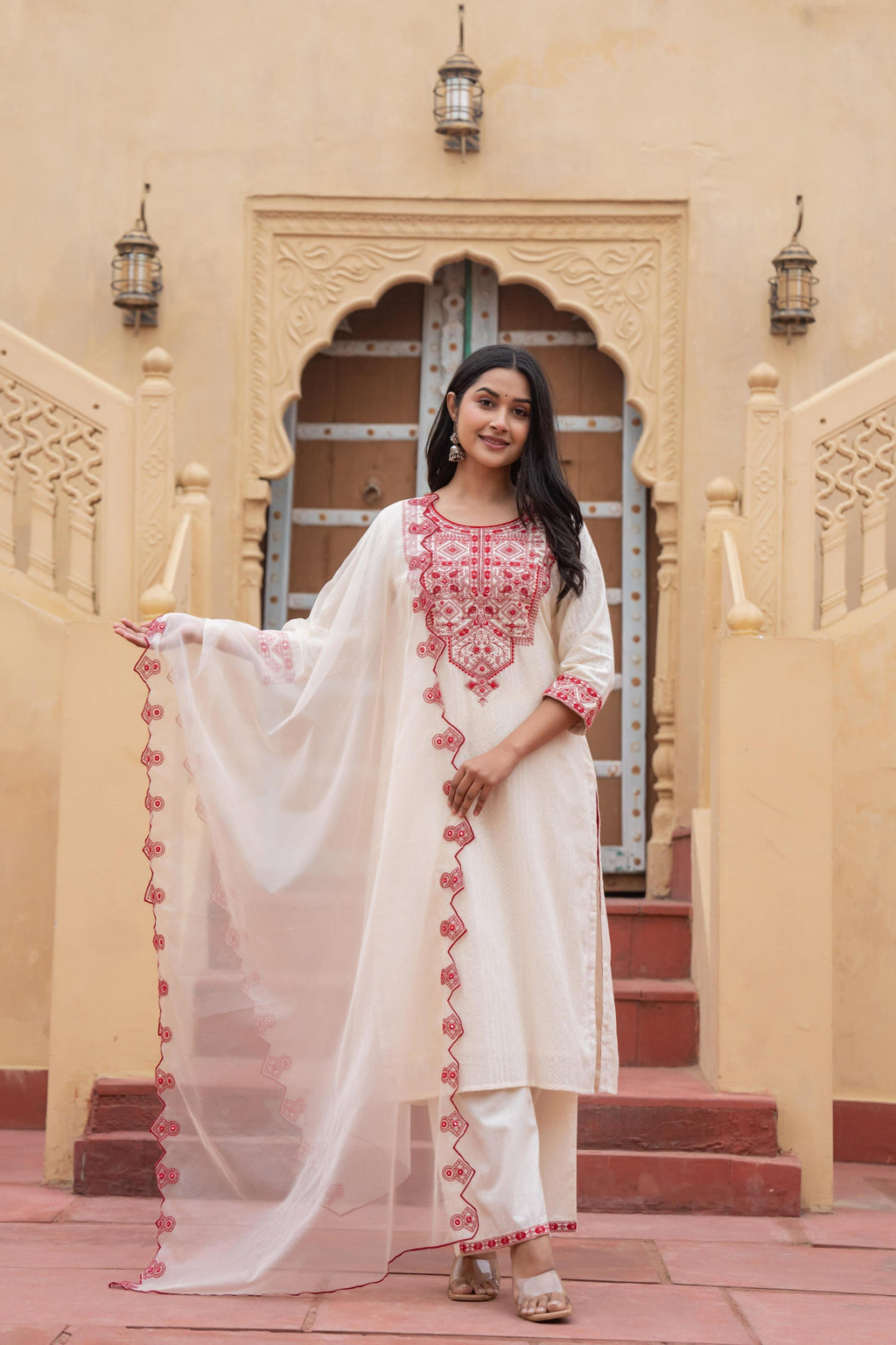 Juniper Off White & Red Solid Cotton Kurta & Pant Set With Dupatta - Distacart