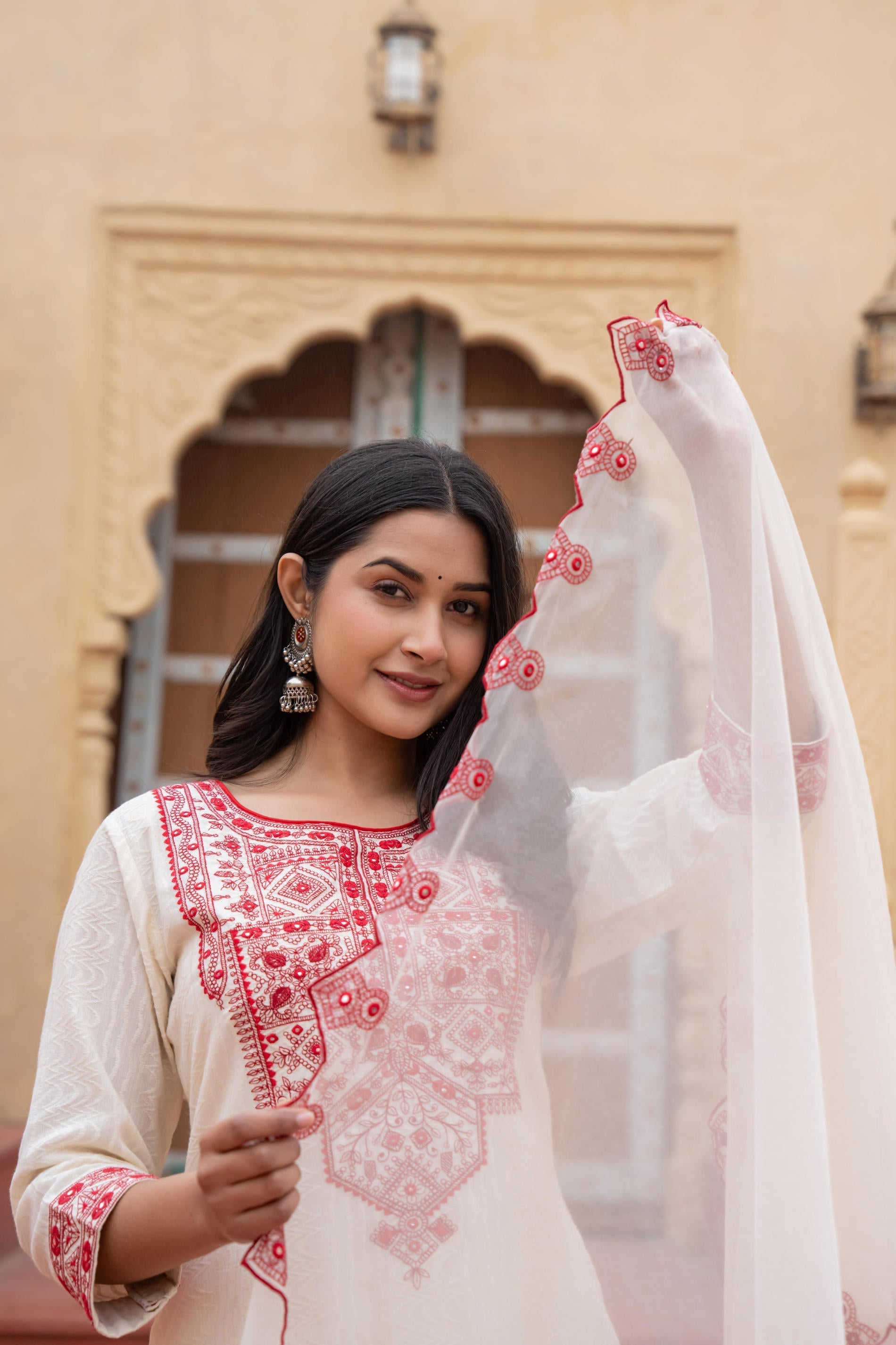 Juniper Off White & Red Solid Cotton Kurta & Pant Set With Dupatta - Distacart