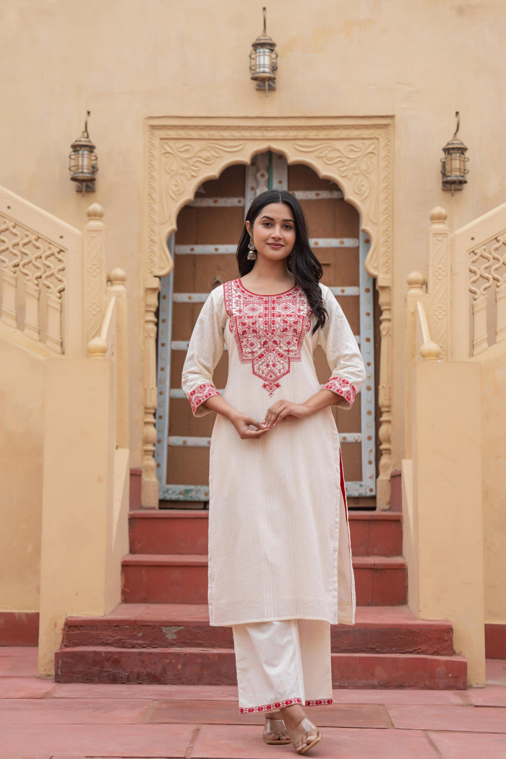 Juniper Off White & Red Solid Cotton Kurta & Pant Set With Dupatta - Distacart