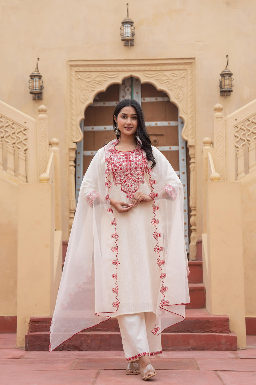Juniper Off White & Red Solid Cotton Kurta & Pant Set With Dupatta - Distacart