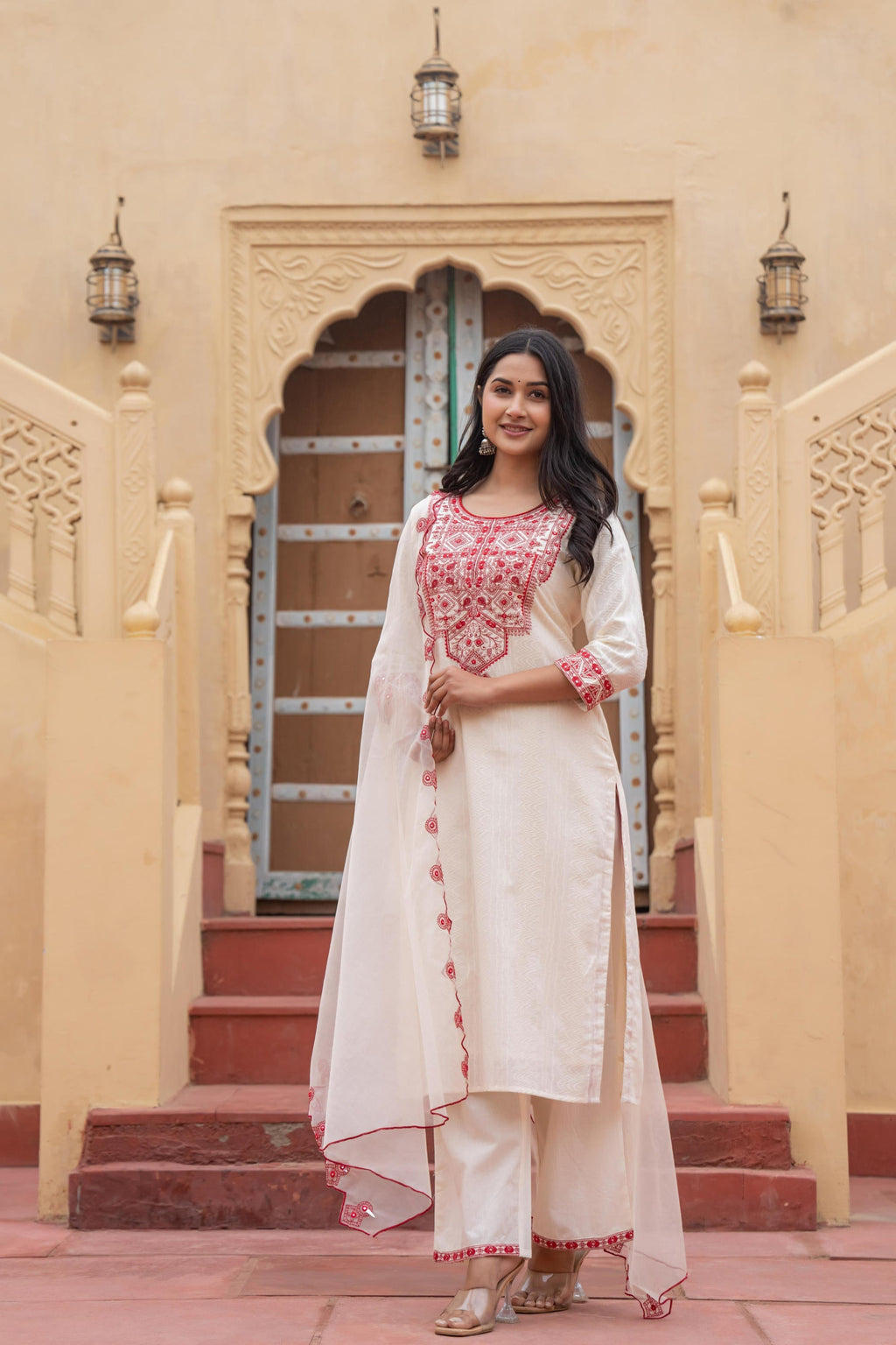 Juniper Off White & Red Solid Cotton Kurta & Pant Set With Dupatta - Distacart