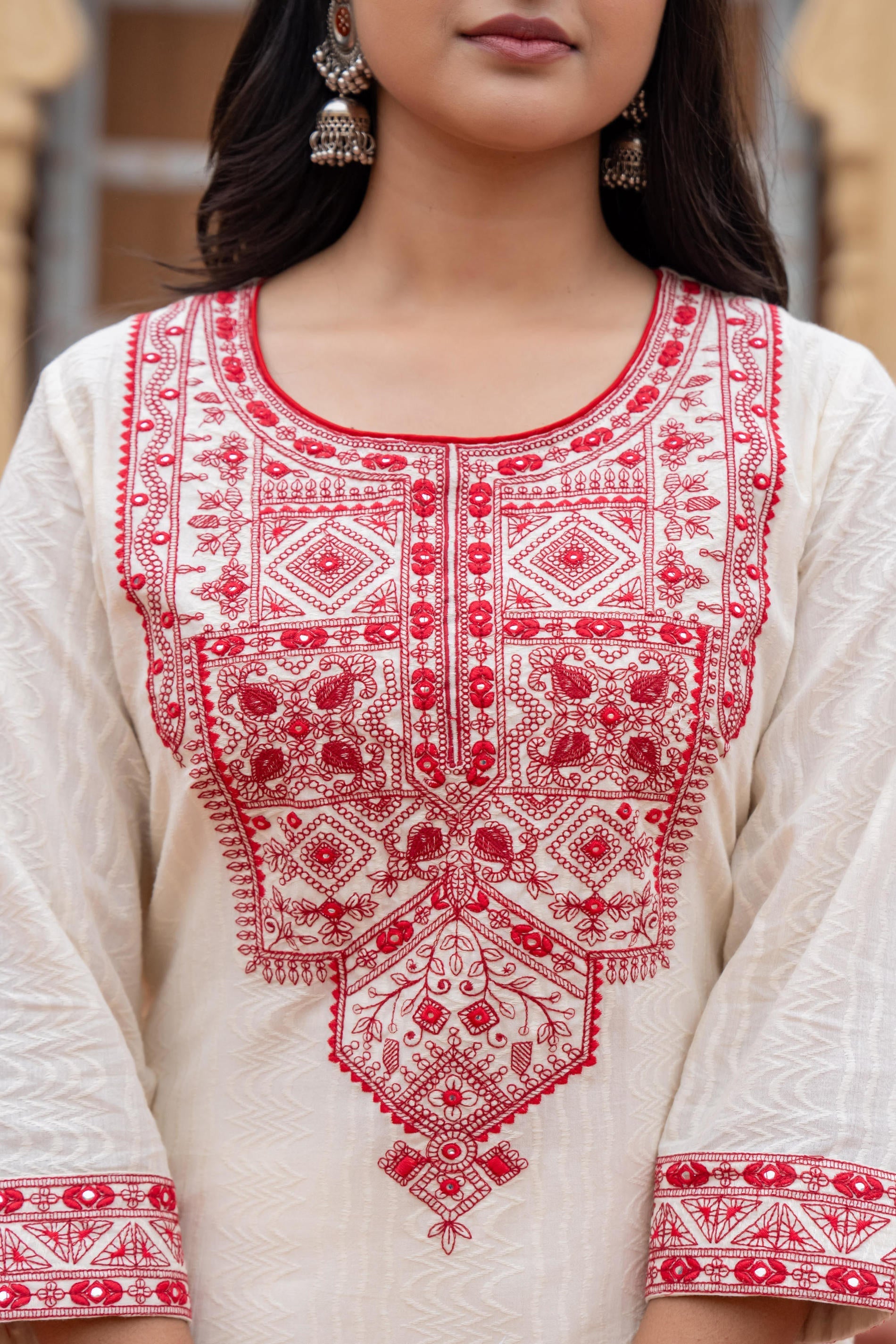 Juniper Off White & Red Solid Cotton Kurta & Pant Set With Dupatta - Distacart