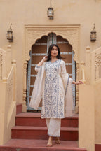 Juniper Off White & Indigo Blue Floral Embroidered Ethnic Suit Set With Dupatta - Distacart