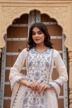 Juniper Off White & Indigo Blue Floral Embroidered Ethnic Suit Set with Dupatta - Distacart