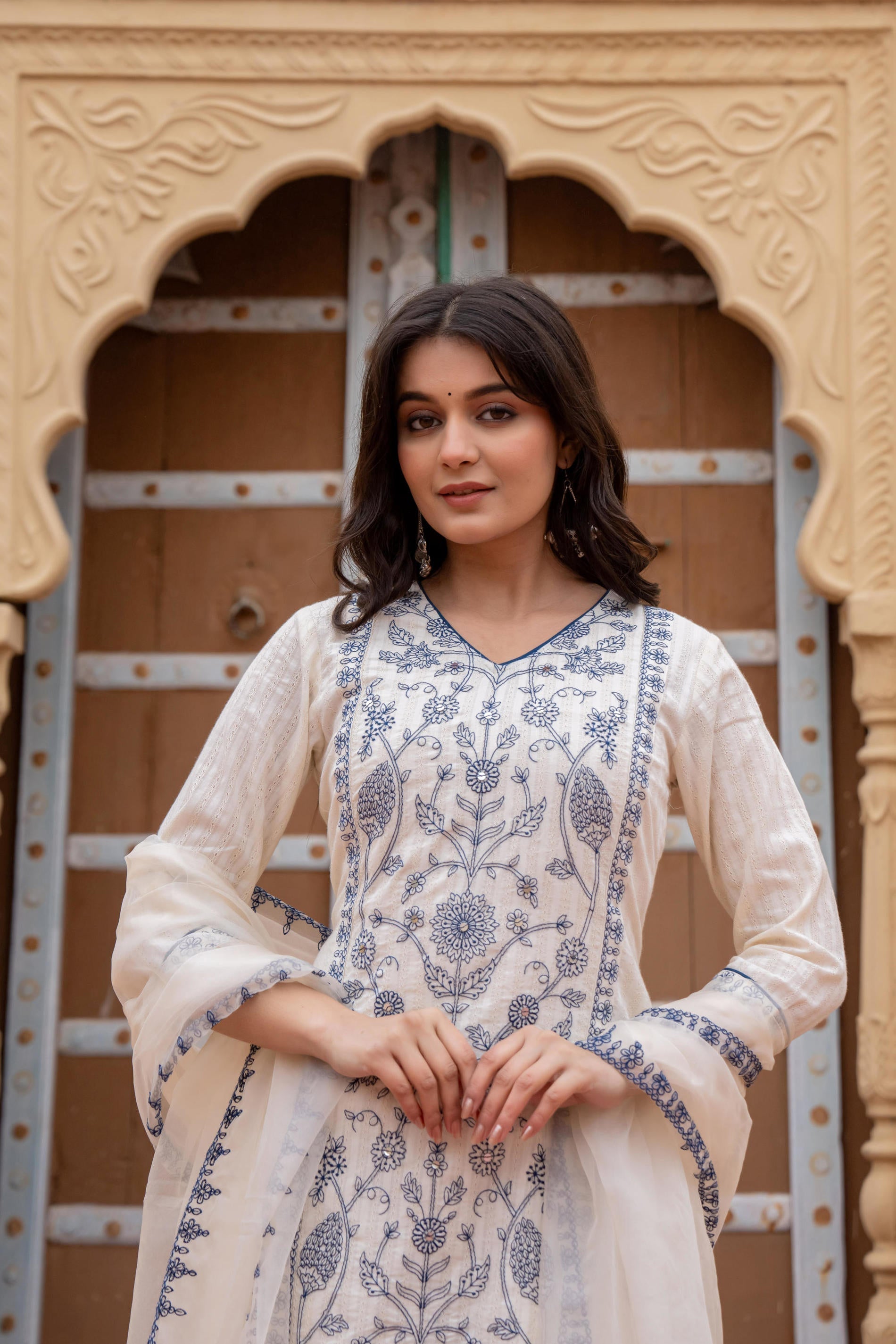 Juniper Off White & Indigo Blue Floral Embroidered Ethnic Suit Set With Dupatta - Distacart