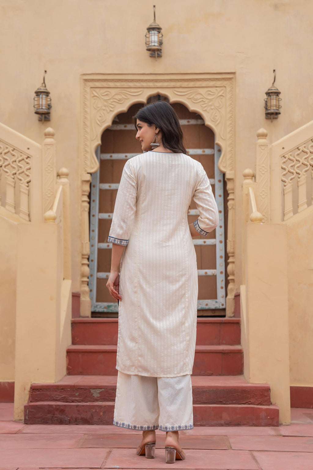 Juniper Off White & Indigo Blue Floral Embroidered Ethnic Suit Set With Dupatta - Distacart