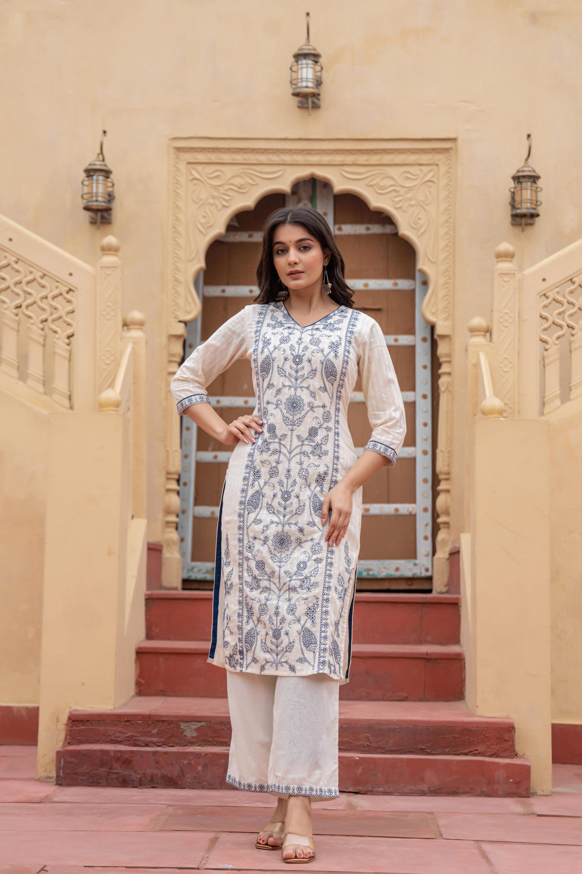 Juniper Off White & Indigo Blue Floral Embroidered Ethnic Suit Set with Dupatta - Distacart