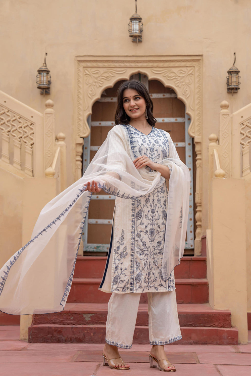 Juniper Off White & Indigo Blue Floral Embroidered Ethnic Suit Set with Dupatta - Distacart
