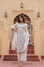 Juniper Off White & Indigo Blue Floral Embroidered Ethnic Suit Set with Dupatta - Distacart